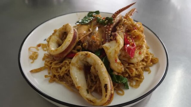 A delicious, authentic Thai-style instant noodle salad (Yum Mama) or stir-fry (Pad Mama) featuring tender squid rings, large shrimp, and aromatic Thai herbs. Served on a white plate, this spicy and ta