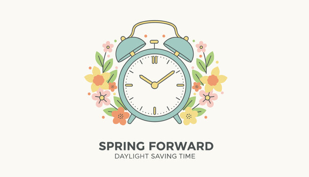 Beautiful alarm clock surrounded by colorful spring flowers reminds to spring forward for daylight saving time.