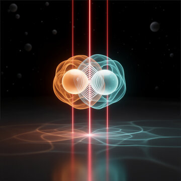Futuristic quantum computing background depicting atomic superposition and interference states with orange and blue laser trap beams