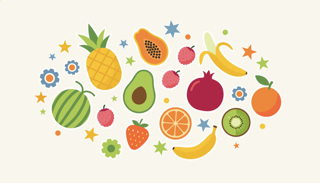 Colorful fresh fruits sticker collection including pineapple, strawberry, watermelon, banana, and avocado.