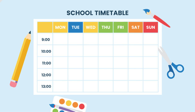 Weekly school timetable template surrounded by colorful educational elements like pencils, scissors, and paints.