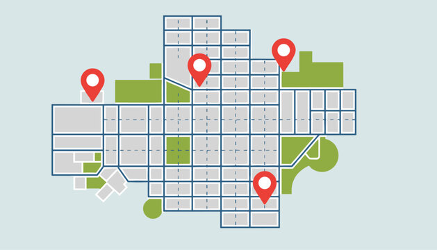 Navigation map layout representing city blocks with streets, green areas, and multiple red location pins marking destinations.