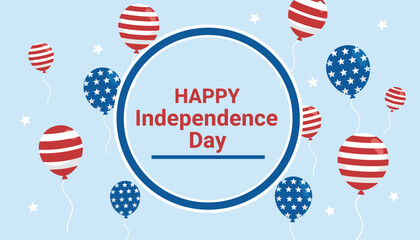 Fototapeta premium Happy Independence Day greeting card design with patriotic red, white, and blue balloons and stars on a light blue background.