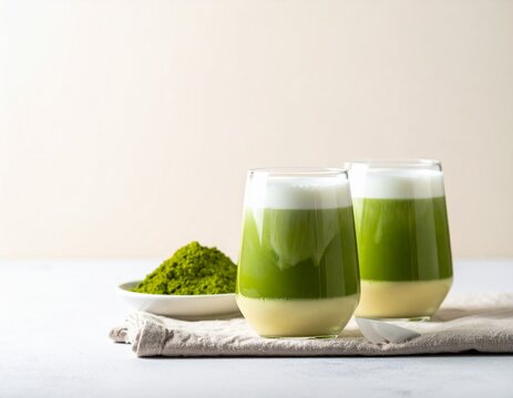 グラスに入ったアイス抹茶ラテとホワイトチョコのドリンク素材