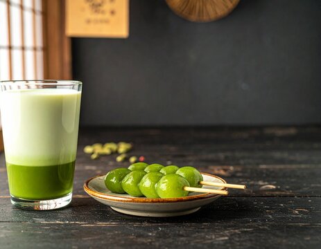 古民家カフェの黒い木製テーブルに置かれた抹茶ラテと茶団子