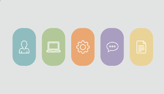 Simple line icon set representing various business tools displayed inside colorful pastel rounded rectangles.