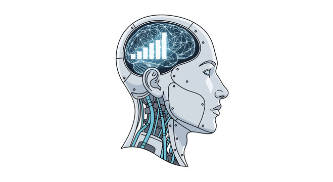 A robotic human head profile displays a glowing digital brain structure representing growing financial performance metrics and data analysis processes within the context of future machine
