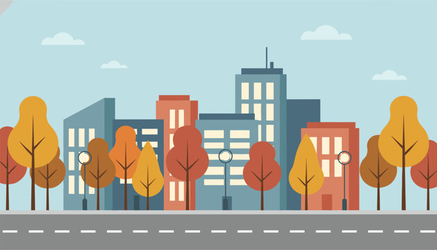 Autumn city landscape with colorful orange and yellow trees lining a street in front of modern skyscraper buildings.