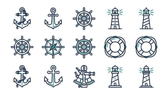 Collection of nautical icons featuring anchors, ship wheels, lighthouses, and life buoys designed in a modern clean linear vector style