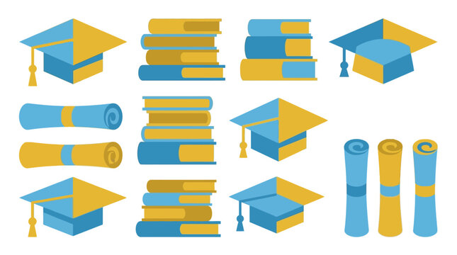 Flat vector icon set featuring colorful graduation caps with tassels along with stacked books and rolled scrolls for academic design