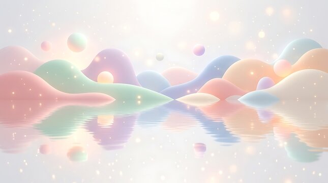 Abstract Dreamy Pastel Minimalist Background with Soft Glowing Particles and Mirror Effect