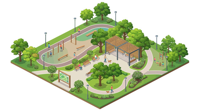 illustration of a vibrant community park featuring walking paths play areas and lush greenery for outdoor leisure activities