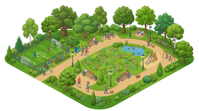illustration of a vibrant public park featuring playgrounds sports fields walking paths picnic areas and a lush garden with