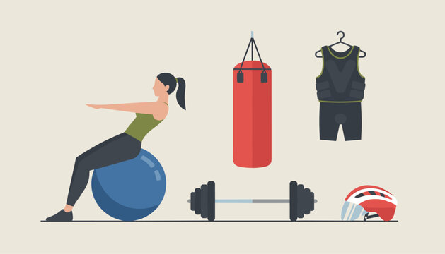 Active woman doing core exercises on a blue fitness ball surrounded by various sports and workout equipment.