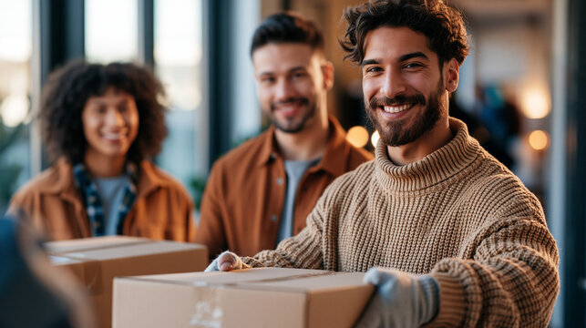 Smiling attractive european teenage roommates with boxes of belongings meeting each other for the first time in a bright dorm room cheerful friendly mood moving in roommates