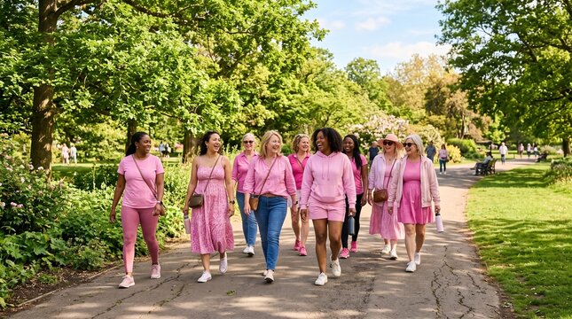 Diverse group of women in pink walking together in a park for breast cancer awareness event