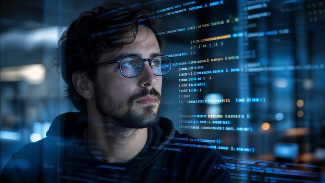 Professional Software Developer Analyzing Programming Code on Holographic Screen at Night