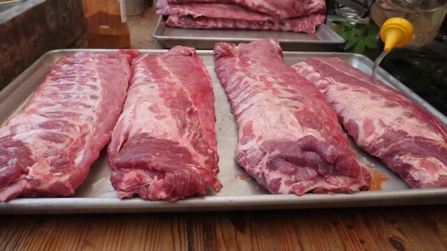 High-angle shot of four racks of fresh, raw pork baby back ribs arranged on a large baking sheet. A person wearing a blue checkered shirt and black gloves is seasoning the meat with liquid from a sque
