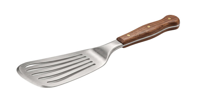 Professional stainless steel fish spatula with wooden handle, slotted metal turner for kitchen cooking, rustic culinary utensil for flipping and frying isolated PNG with Transparent Background