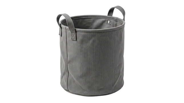 Minimalist grey fabric laundry basket with handles, collapsible textile storage bin for home organization, durable canvas hamper for clothes isolated PNG with Transparent Background