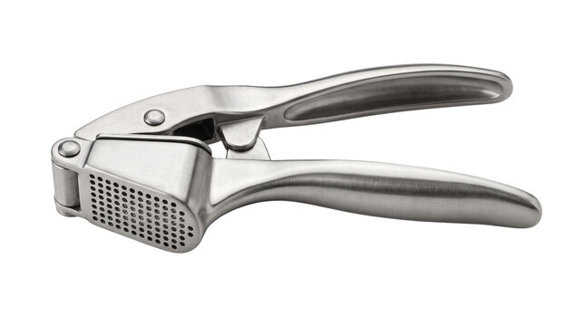 Stainless steel garlic press, professional metal garlic crusher tool, heavy duty kitchen utensil for mincing and mashing cloves isolated PNG with Transparent Background