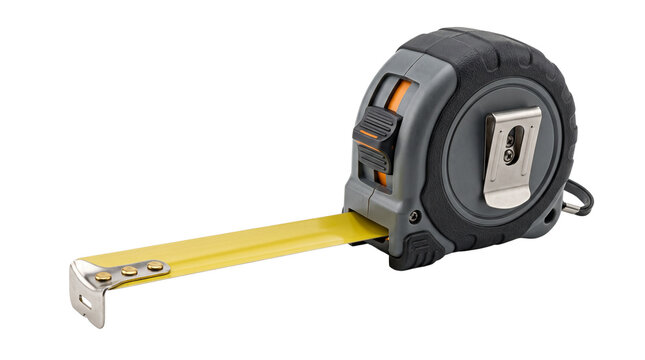Professional retractable tape measure with yellow steel blade, industrial measuring tool for construction and carpentry, manual hand tool for precision work isolated PNG with Transparent