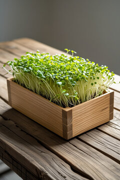 Trend for growing eco fresh microgreens greens herbs in wooden boxes at home indoor AI Generative