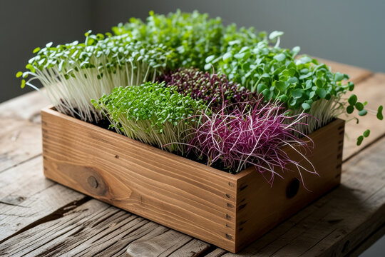 Trend for growing eco fresh microgreens greens herbs in wooden boxes at home indoor AI Generative