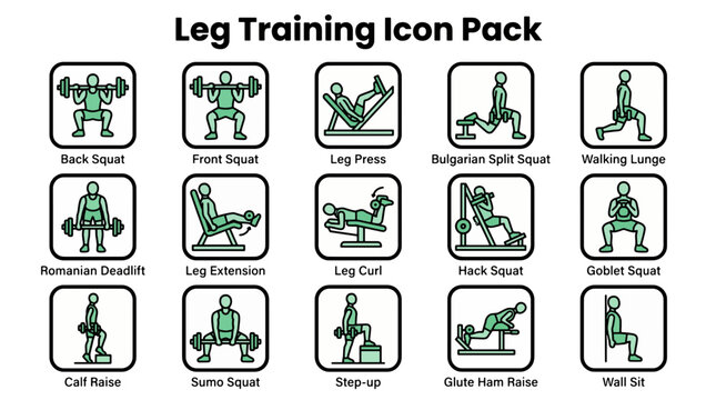 Leg Training Icon Pack featuring various exercises for leg workouts, including squats, lunges, and calf raises, rendered in a clean, modern graphic style.