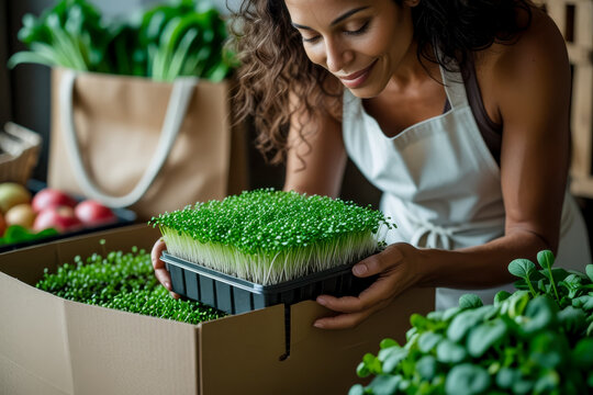 Woman gardener growing eco microgreens greens herbs in large industrial greenhouse AI Generative