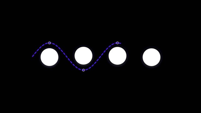 Loading animation with blue dashed sine wave moving across white circles