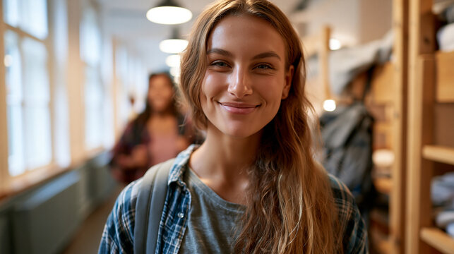 Young attractive european women with backpacks arriving at a bright youth hostel cheerful travel mood wooden bunk beds nearby natural light hostel backpackers travellers