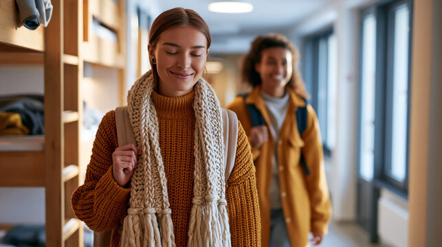 Young attractive european women with backpacks arriving at a bright youth hostel cheerful travel mood wooden bunk beds nearby natural light hostel backpackers travellers