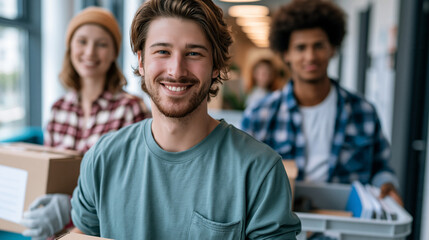 Fototapeta premium Three young attractive european people carrying their belongings in a large container as they move into student accommodation bright interior cheerful teamwork moving day