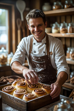 Man chef confectioner cook bake trendy popular cinnamon rolls at home in cozy kitchen AI Generative