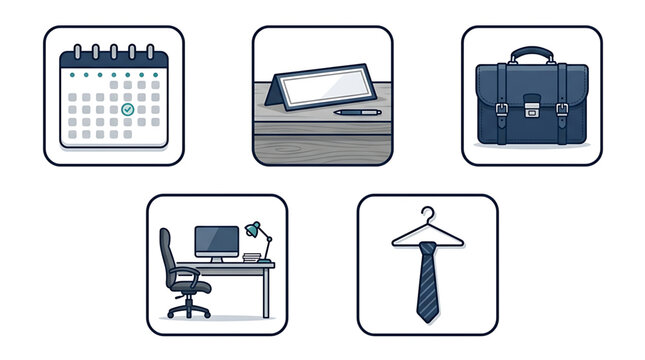 Professional office icons set featuring business essentials like a calendar briefcase desk workspace and necktie for corporate planning with modern computer workspace chair