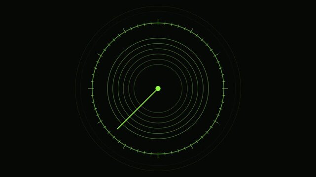 Digital radar screen animation with rotating scanning line on 4k black background, sonar scanner interface