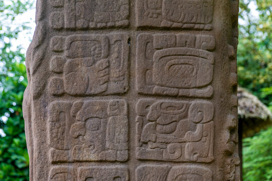 Mayan hierglyphs on Stela B in Quirigua, Guatemala.