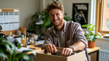 Obraz premium An attractive european man packing a cardboard box in his bright dorm room various items on the desk a neatly arranged schedule board and a motivational poster adding personal