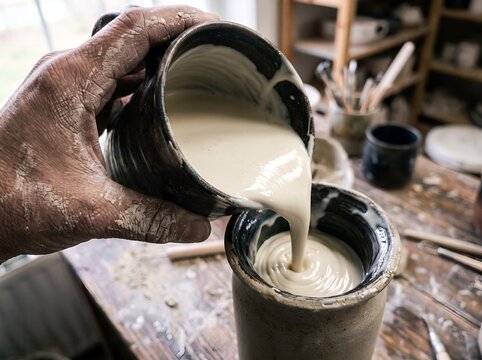 Artisan hands pouring clay slip in pottery workshop studio