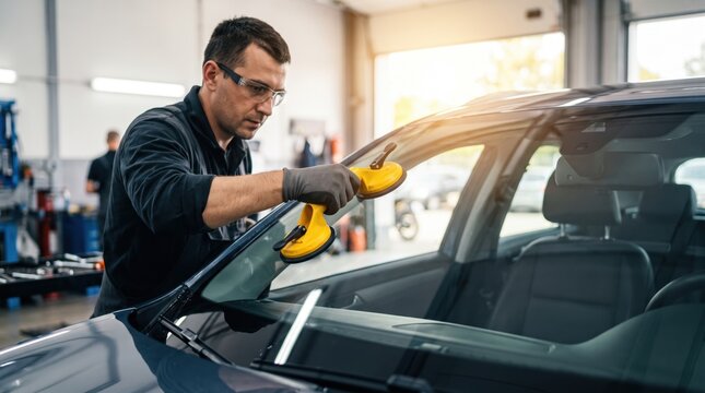 A worker is using tools to remove and replace a car windshield in a repair shop. The shop has tools and vehicles around. It is daytime with natural light coming in