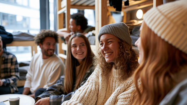 Young attractive european travellers communicating and relaxing together in a bright hostel bedroom casual friendly mood wooden bunk beds natural light hostel travellers