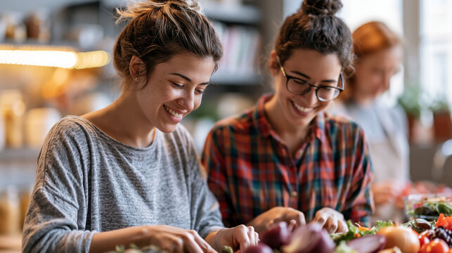 Attractive european roommates preparing dinner together in a bright kitchen chopping vegetables and smiling cozy tidy interior natural daylight cooking roommates dinner