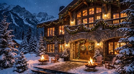 Obraz premium A luxury mountain restaurant glows warmly on a snowy winter evening, surrounded by evergreen trees and elegant Christmas decorations.