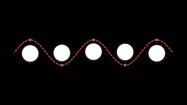 Dashed sine wave path animation with white circles moving along the line