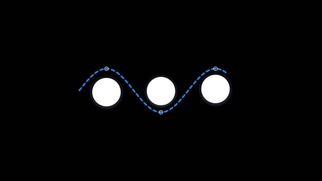 Loading animation with three white circles and a blue dashed sine wave path