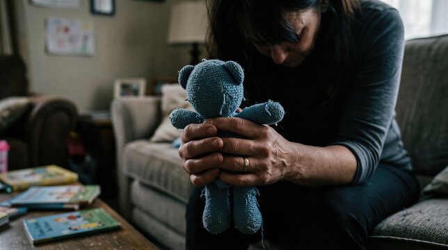 Sad woman holding teddy bear in living room. Mother grieving over lost child, missing offspring or family breakup. Concept of separation, loneliness, child removal and crisis in home.