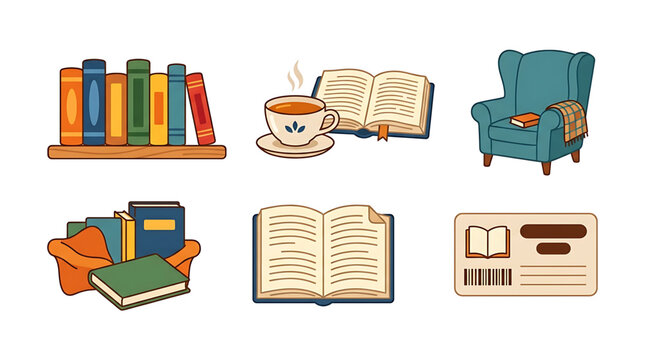 Cozy reading collection featuring bookshelves armchair and tea illustrations for literary enthusiasts and academic design projects in flat vector style