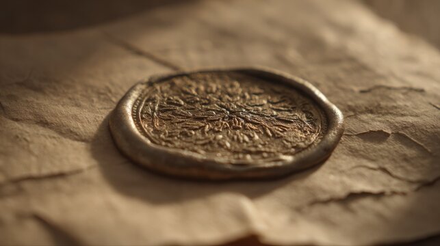 Ornate wax seal impression with intricate floral pattern on textured paper