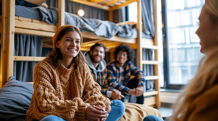 Fototapeta premium Young attractive european travellers relaxing in a bright hostel room with wooden bunk beds backpacker lifestyle casual friendly mood natural light hostel bunk beds